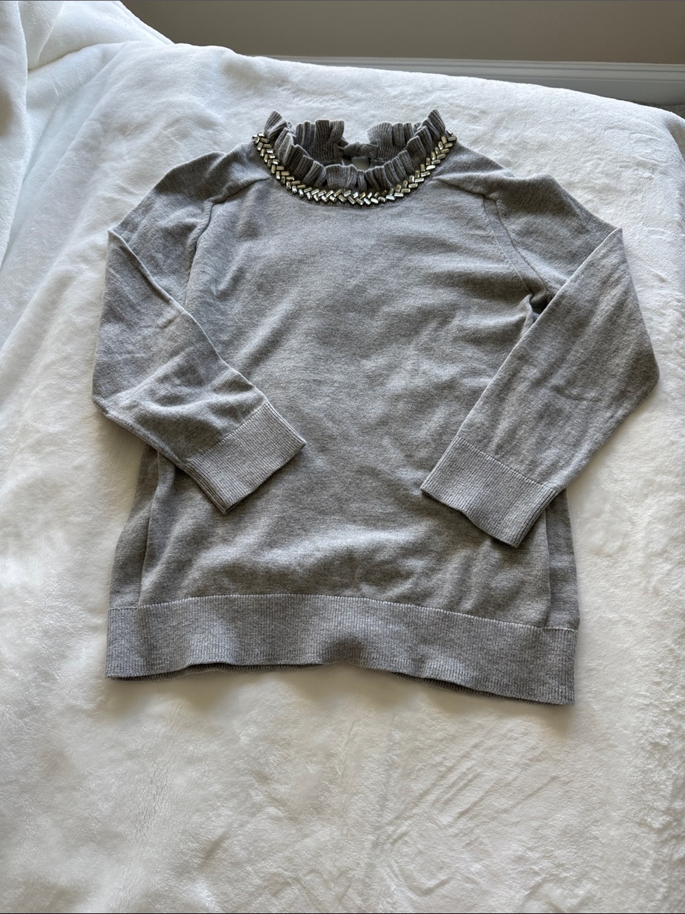 Talbots Gray Ruffle Neck Sweater with Rhinestone Accent
